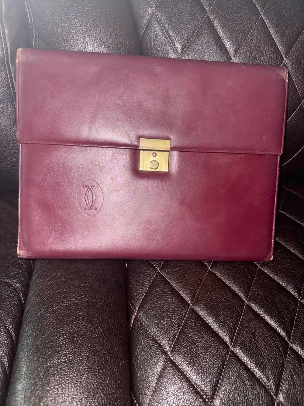 Cartier Men's Burgundy Leather Briefcase with Gold-Tone Lock